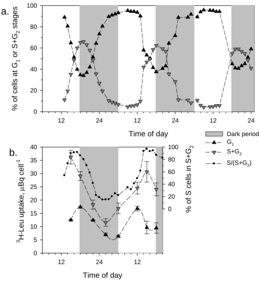 Fig. 3.   a.  Time of day122412 24 12 24% of cells at G1 or S+G2 stages020406080100 Dark period G 1 S+G 2  b
