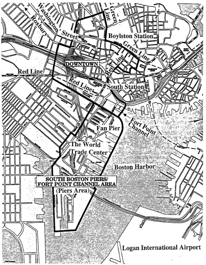 Figure 3.1  Locations  of Piers Area and Downtown  of Boston Source:  Author's modification  of FTA and MBTA  (1993)