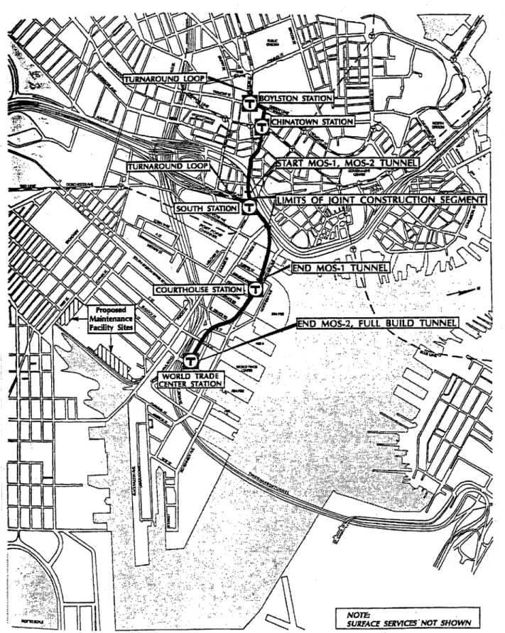 Figure  3.4  Alignments  of Underground  Transitway Alternatives Source:  FTA  and MBTA  (1993)