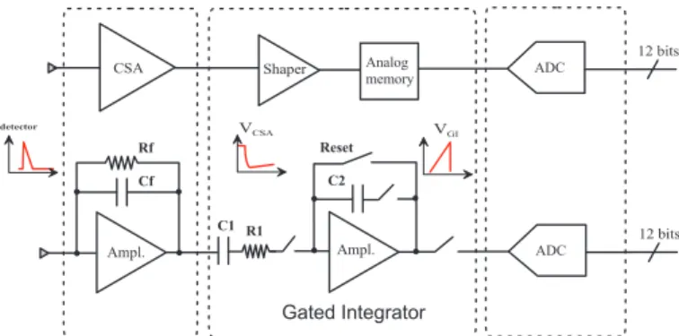 Fig. 1. The VFE channel designed: the CSA is followed by a Gated Integrator which performs the shaping and the memorization of the analog signal; the last stage is a 12-bit cyclic ADC.