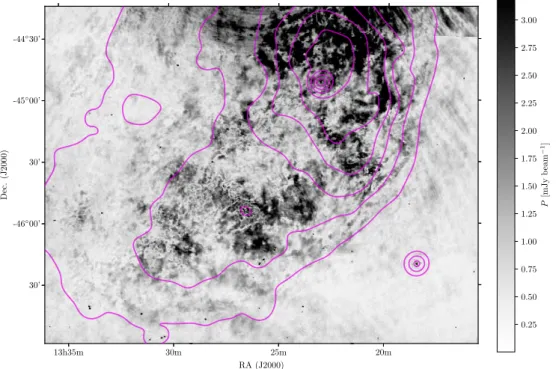 Figure 4. Grayscale: ASKAP 913 MHz peak polarised intensity map of the southern lobe of Cen A at 26 × 33 arcsecond spatial resolution (note the higher spatial resolution compared to Figure 3).