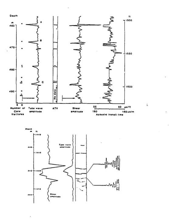 Figure 3: Correlation between fractures detected by a borehole televiewer (ATV) and the attenuation of the Stoneley wave (tube wave) (Paillet, 1980).