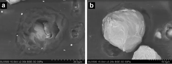 Fig. 6. SEM images showing copper particles cold sprayed onto ABS at 400°C (a) and 250°C  (b)