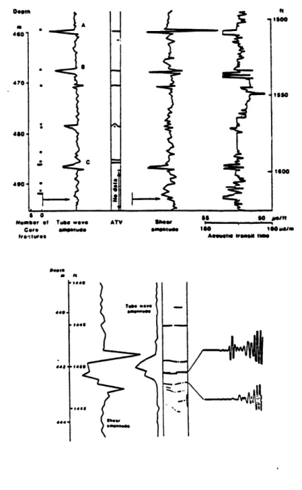 Figure  1:  Correlation  between  fractures  detected  by  a  borehole  televiewer  (ATV)  and the  attenuation  of  the  Stoneley  wave  (tube  wave)  (Paillet,  1980).