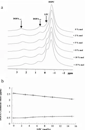 FIGURE 1 31 P-NMR spectra (162 MHz) of SUVs containing a mixture of DOPC/DOPA in 4:1 molar ratio prepared by sonication in buffer at pH 8