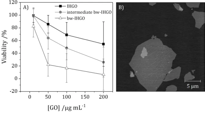 Fig. S7: A) Cytotoxicity of IHGO, an intermediate bw-IHGO and bw-IHGO sample on the A549  cell line 24 + 4 h post exposure as determined by the WST-8 assay