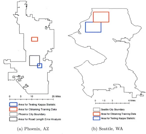 Figure  3.5:  Illustration  showing  city  boundaries  and  general  areas  from  which  training  data was  obtained  and  the  Kappa  statistic  was  tested.