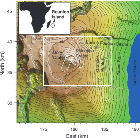 Figure 1. Location of R´ eunion Island and geological features of Piton de la Fournaise volcano