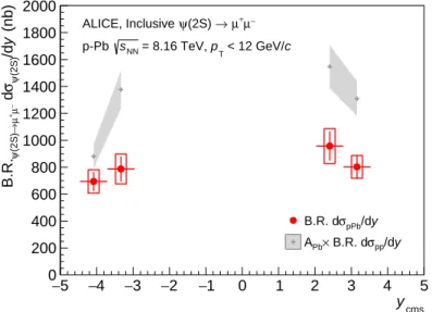Figure 2: The differential cross section times branching ratio B.R. ψ(2S)→µ + µ − dσ ψ(2S) /dy for p T &lt; 12 GeV/c.