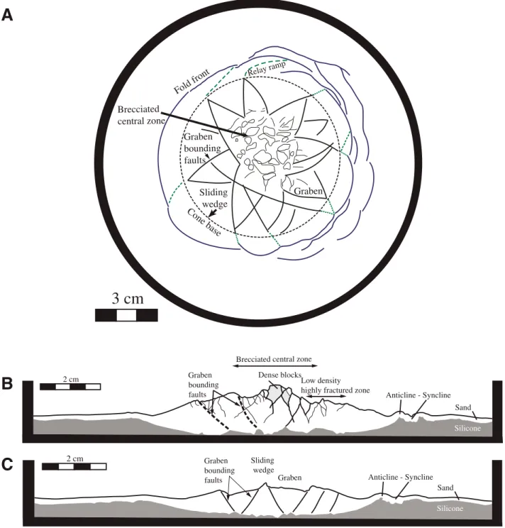 Figure 5. Interpretation of (A) the low cohesion spreading cone model surface (Fig. 3A) and (B–C) cross sections (Fig