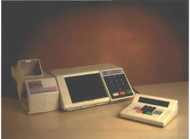 Figure 3-6 - The  Unisys Electronic Voting Machine (2002) Pictured  are  the  main  Voter Unit  (center)  which  is  used  by  the voter, the administer's  Microterminal  (right) used  to key  in voters'  ID numbers, and the  ballot printer  (left)