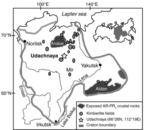 Fig. 1. Location map of Udachnaya, kimberlite fields and areas of exposed early Precambrian crust (Aldan and Anabar shields) in the Siberian craton