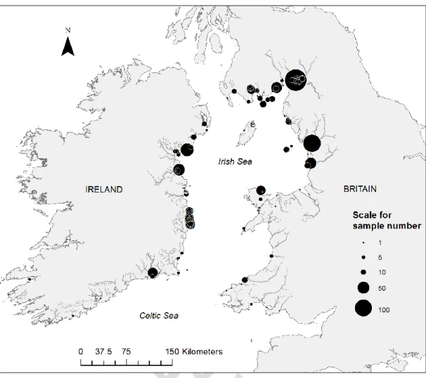 Figure 6. Location of all anadromous S. trutta captured in the Irish and Celtic Seas. Size of pies are  proportional to number of fish captured in a given location