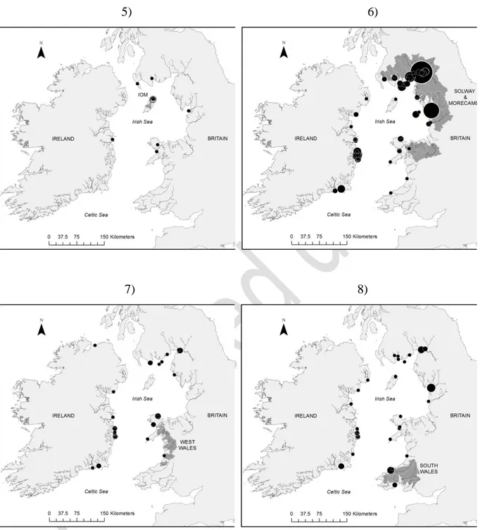 Figure 7 - Continuation. Sea trout marine assignment to particular reporting region (considering only  those fish with an assignment value (P) of equal to- or greater than 0.7) as follows: 5) Isle of Man; 6)  Britain-Solway/Morecombe; 7) Britain-West Wales