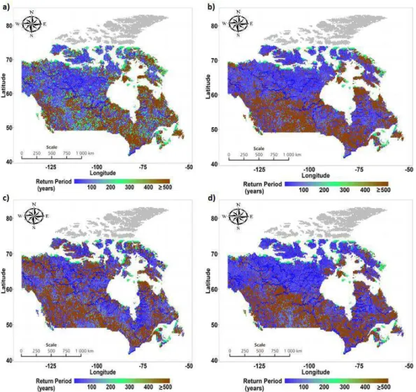 Figure 2. Future return periods of historical 250-year flood event for: (a) RCP 2.6; (b) RCP 4.5; (c) RCP 6.0; and (d) RCP 8.5