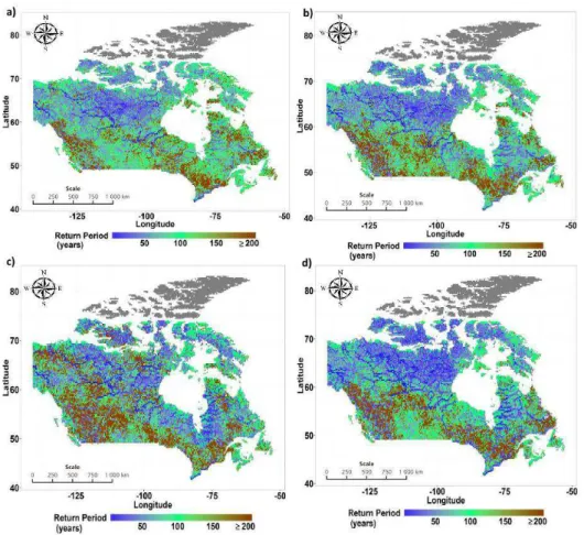 Figure 3. Future return periods of historical 100-year flood event for: (a) RCP 2.6; (b) RCP 4.5; (c) RCP 6.0; and (d) RCP 8.5