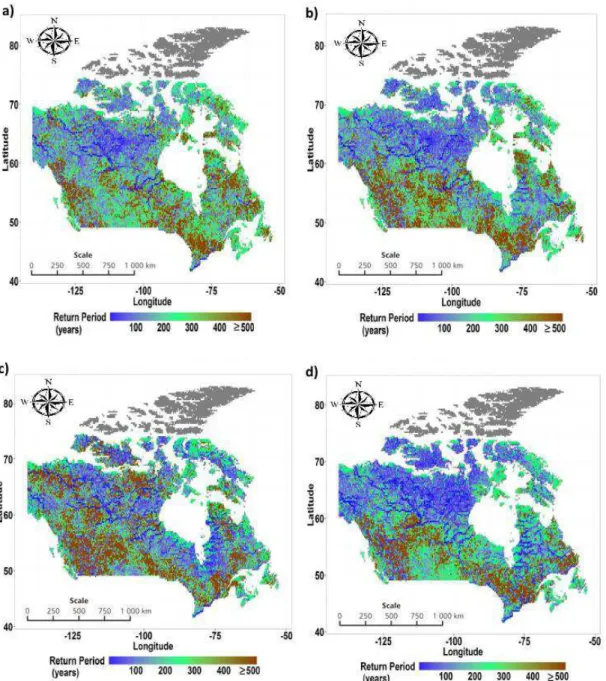 Figure 4. Future return periods of a historical 250-year flood event for: (a) RCP 2.6; (b) RCP 4.5; (c) RCP 6.0; and (d) RCP 8.5