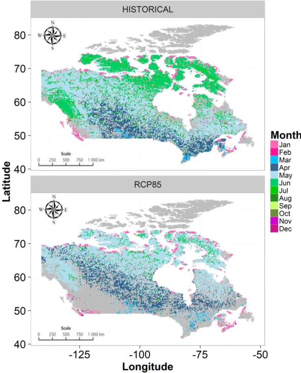 Figure 8. Monthly distribution of extreme flows obtained from aggregated runoff results obtained for historical and future timelines