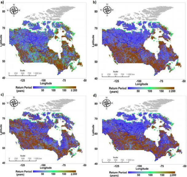 Figure 1. Future return periods of historical 100-year flood event for: (a) RCP 2.6; (b) RCP 4.5; (c) RCP 6.0; and (d) RCP 8.5