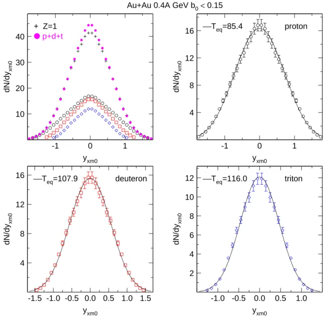 Fig. 13. Central (b 0 &lt; 0.15) Au+Au collisions at 0.4A GeV. Comparison of experimental scaled and constrained transverse rapidity distributions dN/dy xm0 of protons (upper right), deuterons (lower left) and tritons (lower right) with thermal distributio