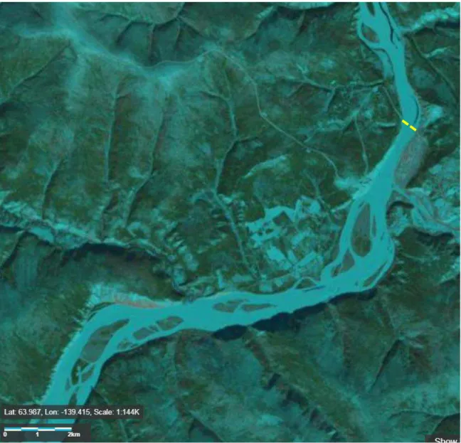 Figure 3:  The Yukon River, April 12 2018 (Landsat). The ice cover is light blue. Dark  narrow bands in the river are open water