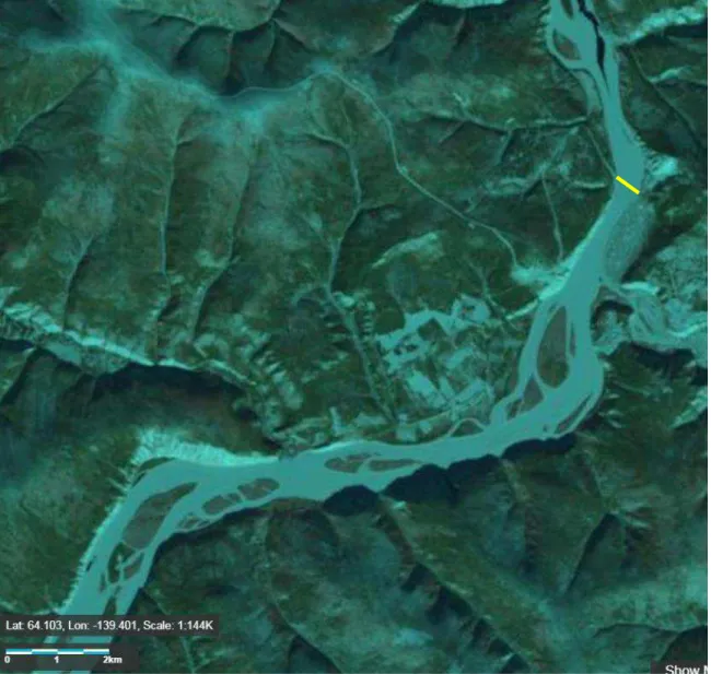 Figure 5:  The Yukon River, March 17 2015 (Landsat). Dark narrows bands in the river are  open water