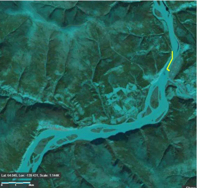 Figure 6:  The Yukon River, March 30 2014 (Landsat). Dark narrows bands in the river are  open water