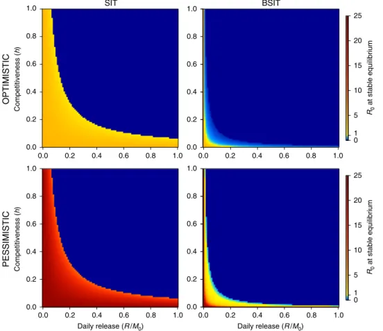 Fig. 2 Basic reproductive number ( R 0 ) of dengue transmission. Shown as a function of sterile male competitiveness ( h ) and release rate ( R ) for SIT (left) and BSIT (right)