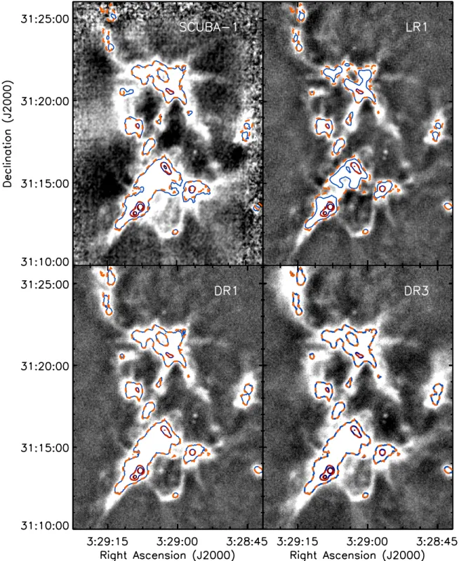 Figure 1. Comparison of emission observed in NGC  1333. The top left panel shows data from SCUBA published in Sandell &amp; Knee (2001), while the remaining three panels show SCUBA-2 observations converted into Jy beam − 1 ﬂ ux units assuming a 14 6 beam 