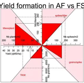 Figure 1: Yield formation in agroforestry (red angles and solid lines) vs full sun (pink angles and  dashed lines), average over all sites, years and genotypes