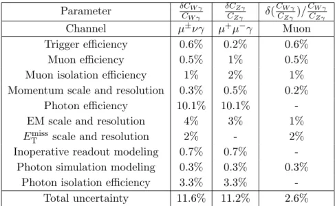 Table 5. Summary of the different terms contributing to the uncertainty on C W γ and C Zγ for the muon final state