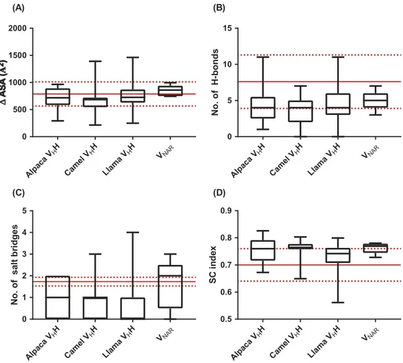 Figure 3. Properties of sdAb:antigen and conventional antibody:antigen interfaces. (A) Change in solvent-accessible surface area on proteins upon binding by conventional antibodies or sdAbs