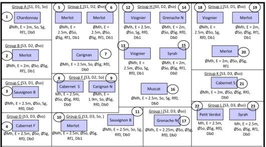 Figure 2. Farm area for the case study. The geographical groups of fields spatially separated, lettered  from A to L and delimited by black lines, are characterized by three variables: soils, frost risk and  powdery mildew susceptibility