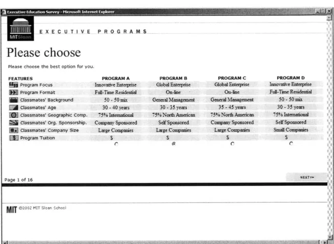 Figure  3-2:  Choice-Based  Conjoint  Question  Used in  the  Sloan  Executive  Education  Study