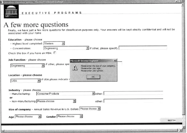 Figure  3-8:  Error  Message  in  the  Sloan  Executive  Education  Study.  The  error  message contains  the  demographic  questions that  have  not  been  completed  by  the  respondent.