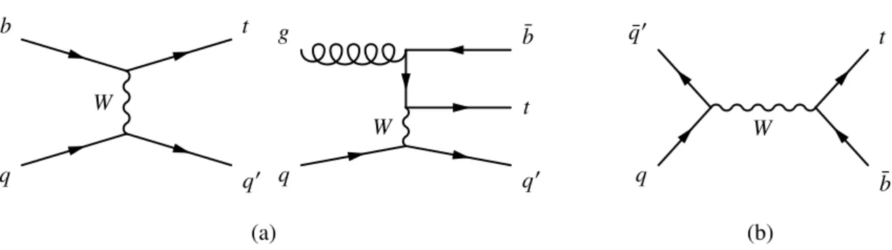 Figure 2: Representative leading-order Feynman diagrams for the production of a single top quark in (a) the t -channel and (b) the s -channel.