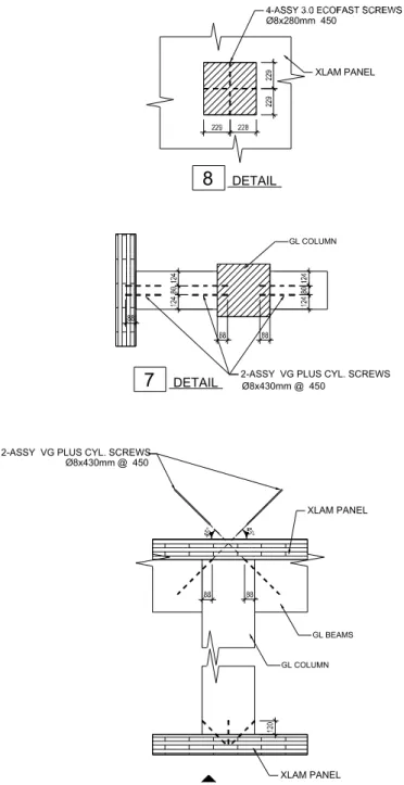 Figure 8. Connection details of Glulam beams and columns and CLT panels.