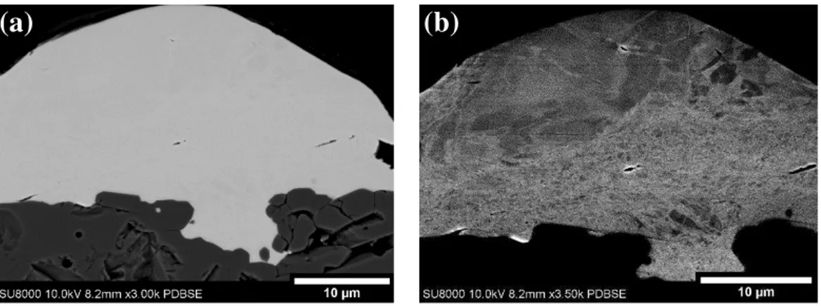 Fig.  9: Backscattered electron microscopy image of single splat cross-section deposited on Al 2 O 3  (0.78) emphasizing (a)  interface morphology and (b) grain in the Ti splat