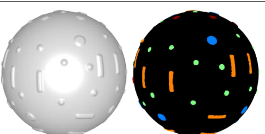 Fig. 7: Results of the classification on synthetic meshes. One color per class on each mesh.