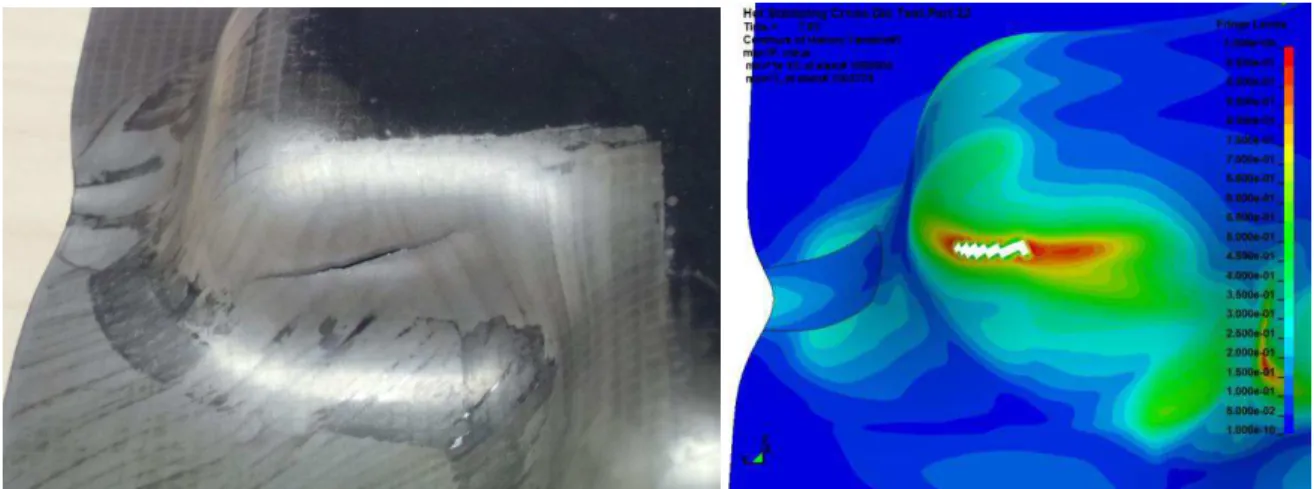 Figure 6. Hot stamped cross specimen with visible fracture (left) and the damage distribution  predicted by the user material model (right) 