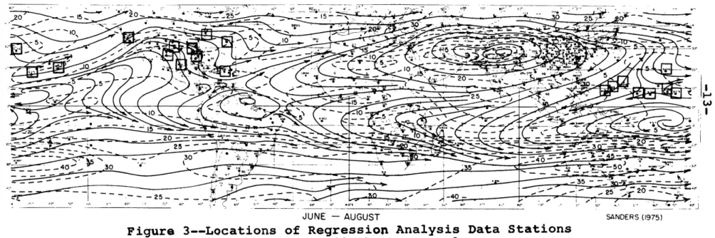 Figure 3--Locations  of  Regression Analysis  Data Stations Relative to  200-mb Average Flow