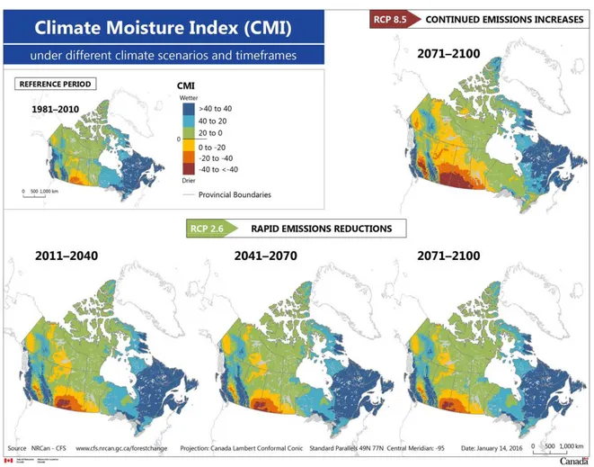 Figure 2: The climate moisture index under different climate scenarios and timeframes; RCP8.5 assumes  climate change scenario of continued increases in GHG emissions; RCP2.5 rapid GHG emissions reductions Given the expected change in climate in the future