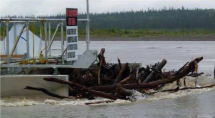 Figure 1 : Pile up of surface debris at a floating EnCurrent  hydrokinetic turbine deployed at Eagle, Alaska (source: [2])