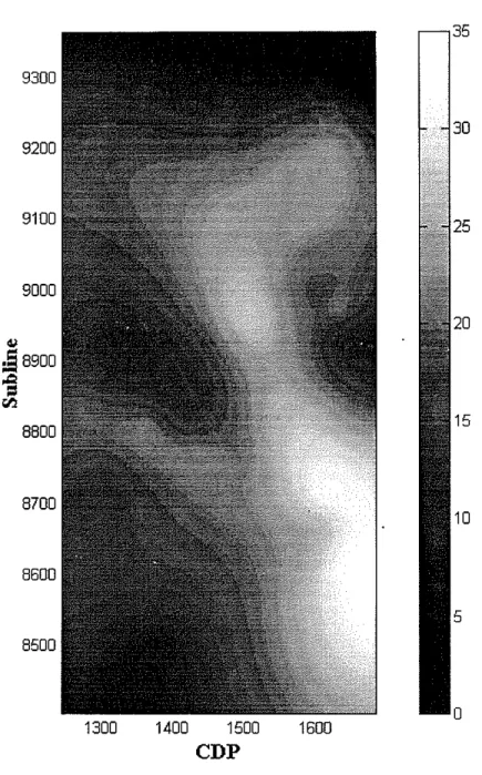 Figure 7: Porosity map of the reservoir generated by interpolating the measured porosity well logs with inverse-distance interpolation