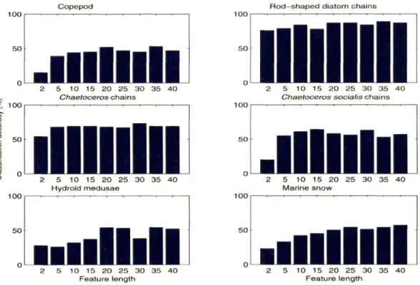 Figure 3-3: Classification performance as a function of feature length for each taxon.