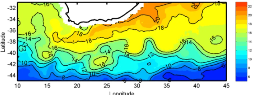 Figure 1. Mean SST ( ◦ C) in August 2003 for the region south of Africa, estimated with the Advanced Microwave Scanning Radiometer (AMSR-E) onboard the satellite Aqua