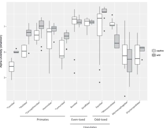 Fig. 1 Gut bacterial alpha-diversity comparison between captive and wild mammals. Alpha-diversity was computed in QIIME using the Shannon diversity index per mammal family in the captive and wild state, respectively