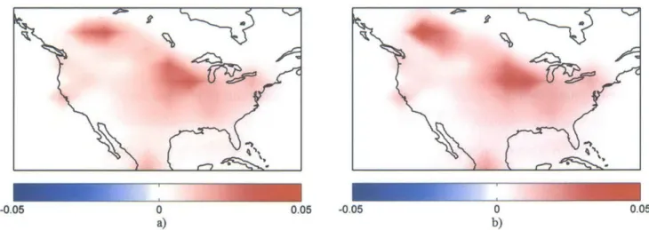 Figure  6.  Ground  level  annual  average  concentration  distribution  of  PM 2 . 5  due  to  global aviation  NO,  emissions  computed  by  a)  the  CS  method  in  GEOS-Chem  XPLEX  and  b)  a difference  method  by  subtracting two  forward simulation