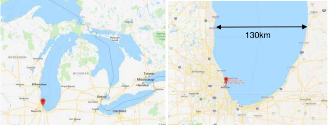 Figure 1. Gateway Harbor is located in central Chicago on the southwest shore of Lake Michigan  (images by Google)