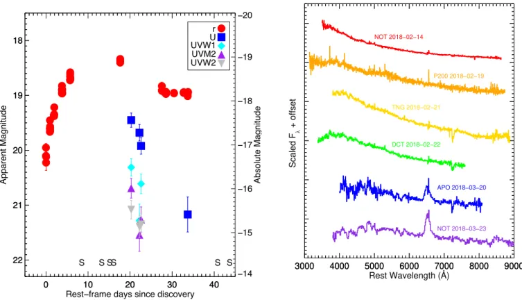 Figure 7. Left: Light curve of ZTF18aaayemw. The rise is well captured in ZTF data. 20 days after discovery, the supernova is still detectable in the UV